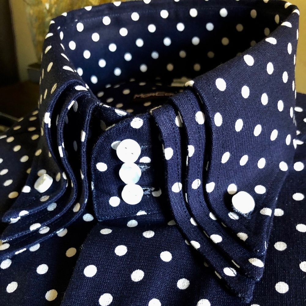 MorCouture Navy White Polka Dot Triple High Collar
